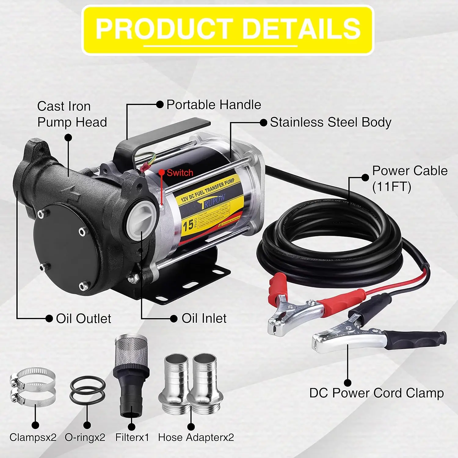 DC 12V 15GPM Cast Iron Explosion-proof Electric Oil Pump Fuel transfer pump with Built-in Bypass For Gasoline Diesel Kerosene oi