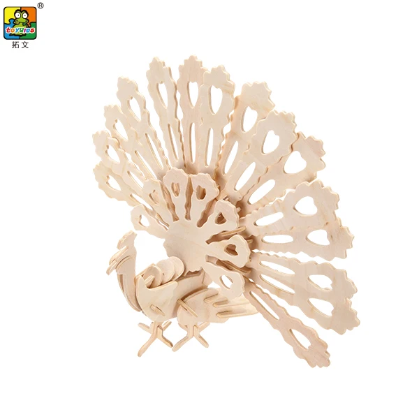 Educational Toy laser cut wood crafts supply Wooden Peacock shapes unfinished toy 3D wooden Puzzle for Promotion Craft Kit
