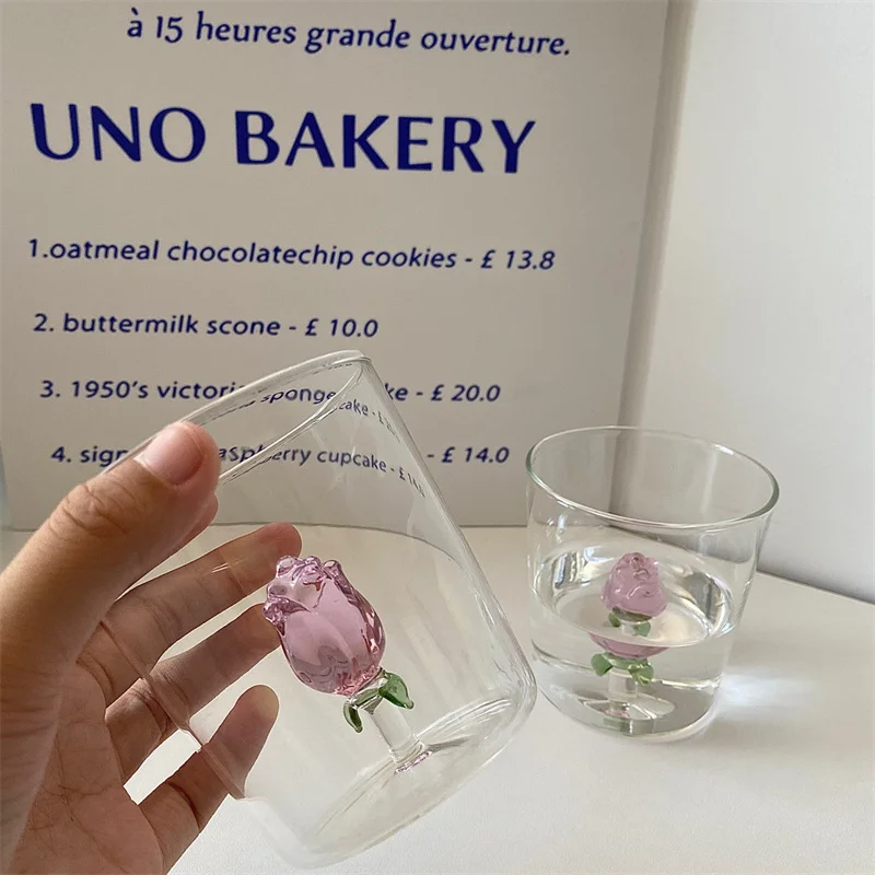 Solhui ins 3-D pink rose inside glass water cup delicate fairy glass cups