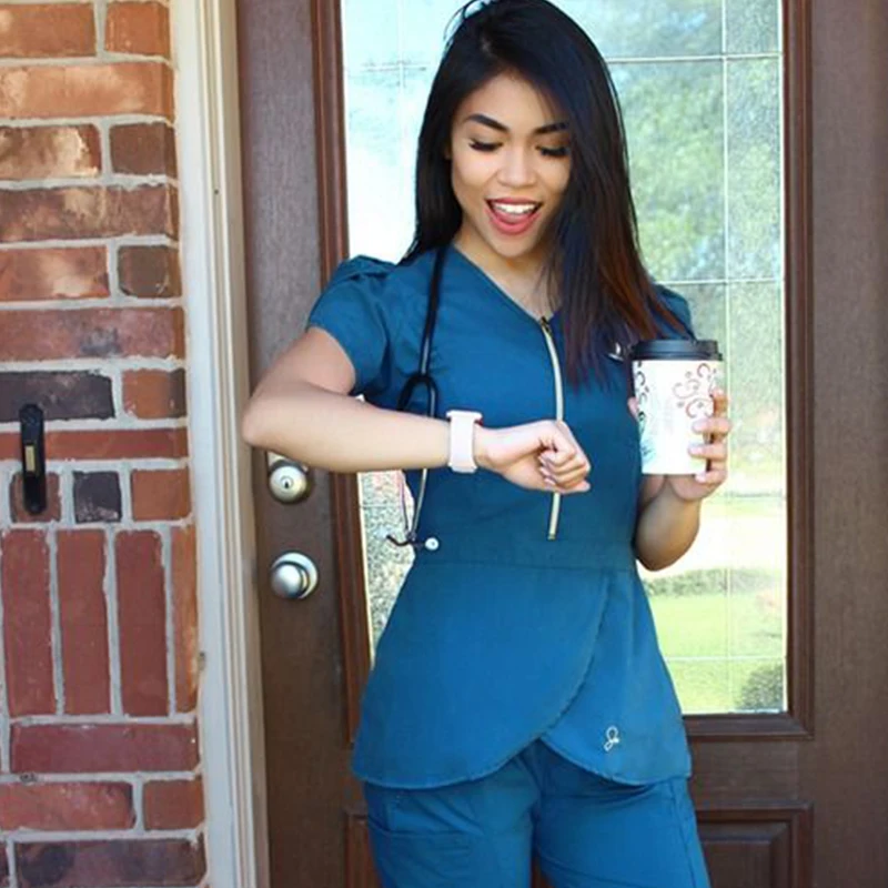 2021 fuyi Wholesale Top Quality Nurse Uniform Medical Scrub Spandex Stretch Fashionable Uniformes Medico Scrubs Uniforms