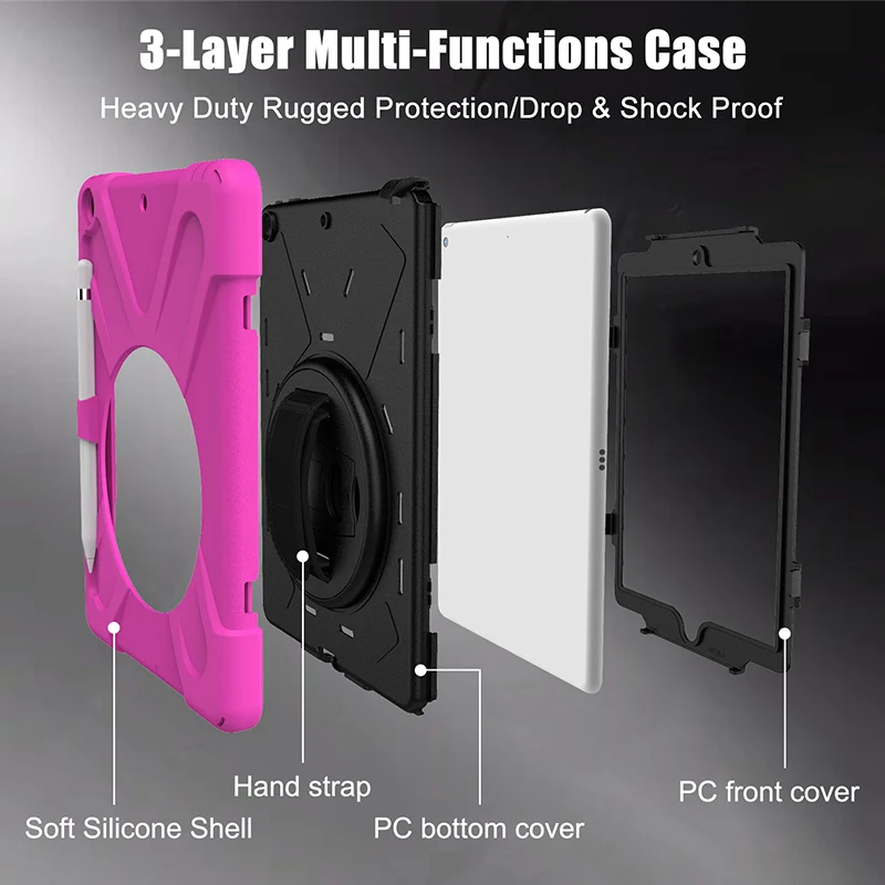 For iPad 10.2 2019 2020 kids soft thick silicone bumper PC rugged tablet case with hand strap 360 rotating foldable kickstand