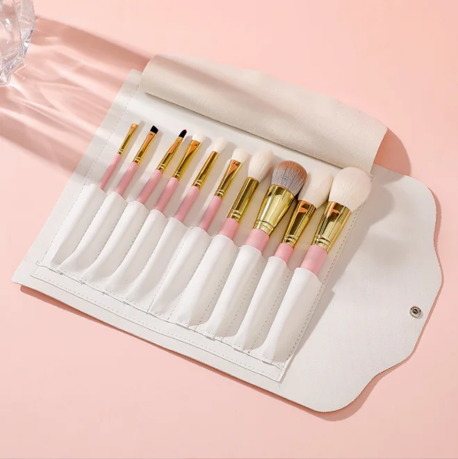 OUMO-- wholesale good quality 10pcs pink XGF goat hair makeup brush set with customer logo