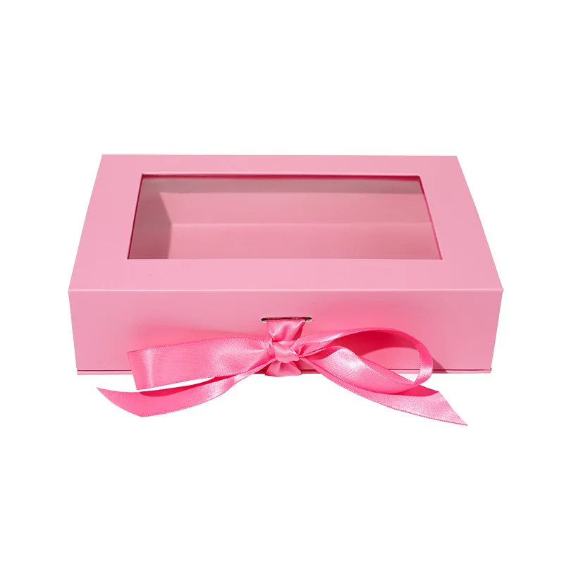 Розовая Роскошная жесткая картонная Магнитная коробка с индивидуальным логотипом цветной ювелирный аксессуар упаковка Подарочная Матовая лентой и окном из ПВХ