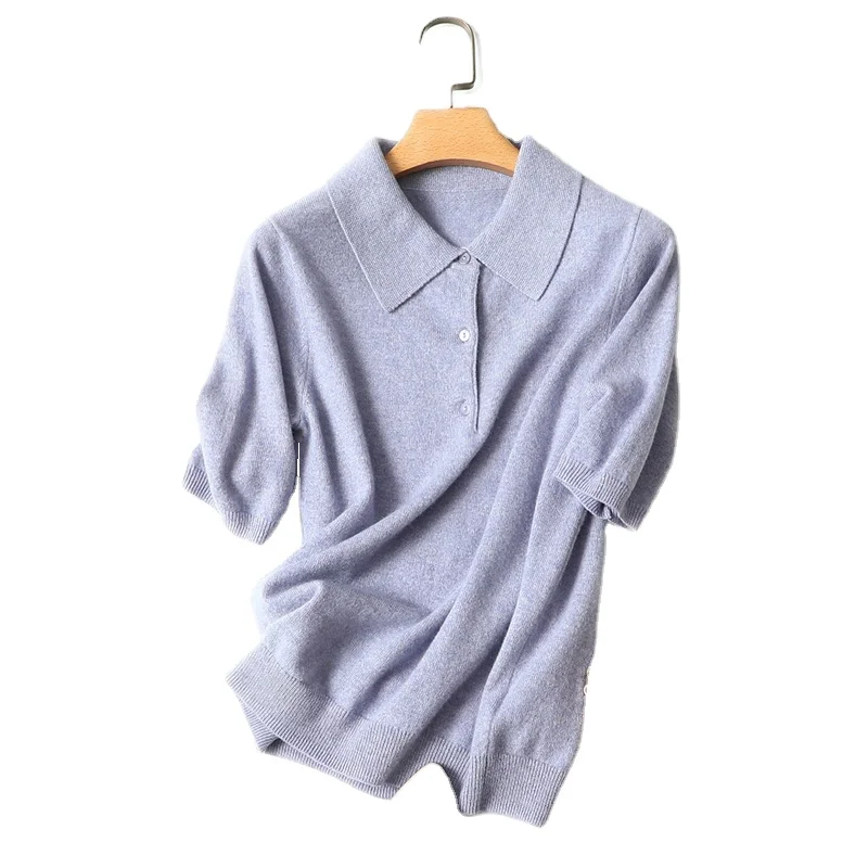 2022 new women pure cashmere polo sweater fashion short sleeve knit tops cashmere t shirt