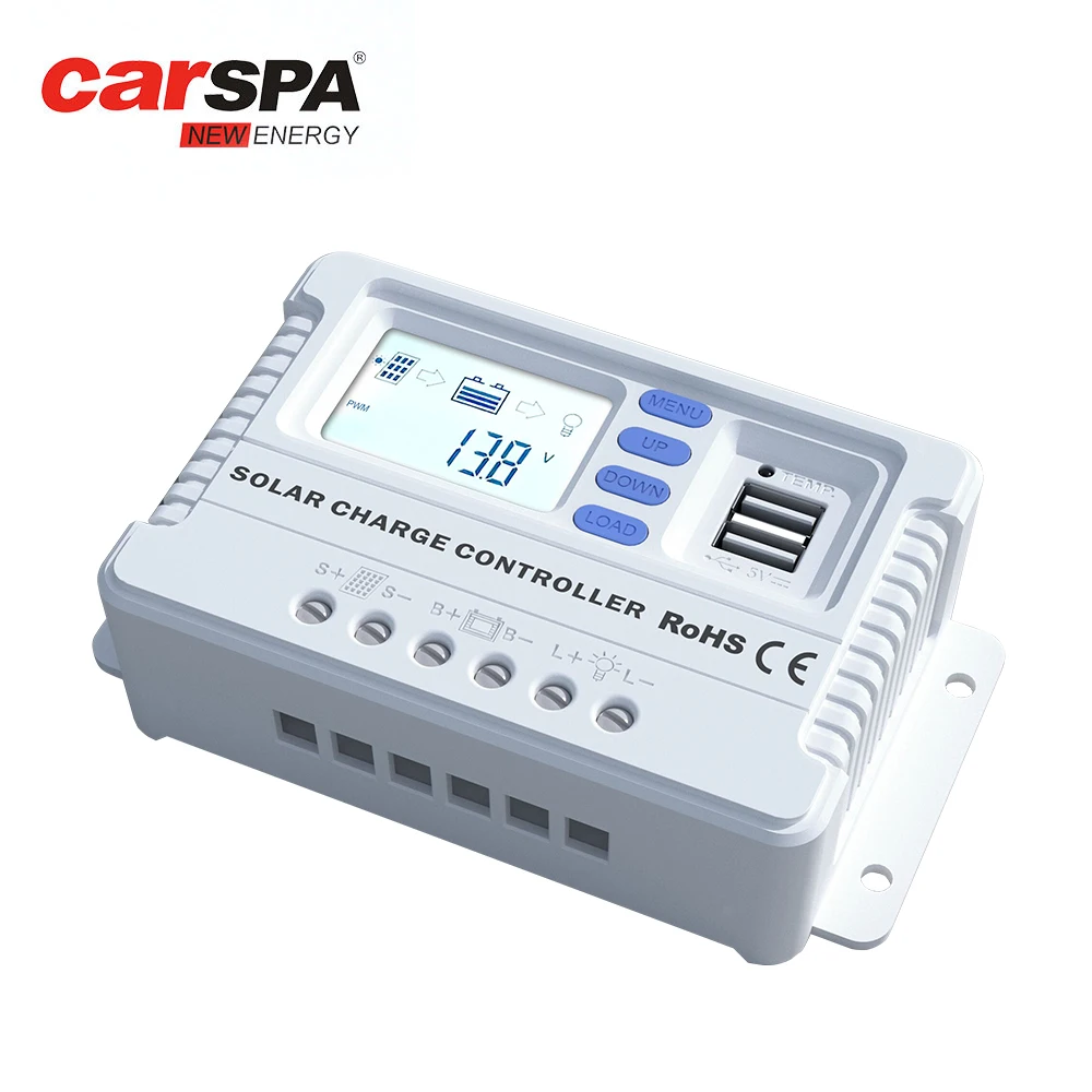 Carspa PWM Solar Charge Controller 12V/24V 30A Automatic recognition LCD Display with Dual USB Port