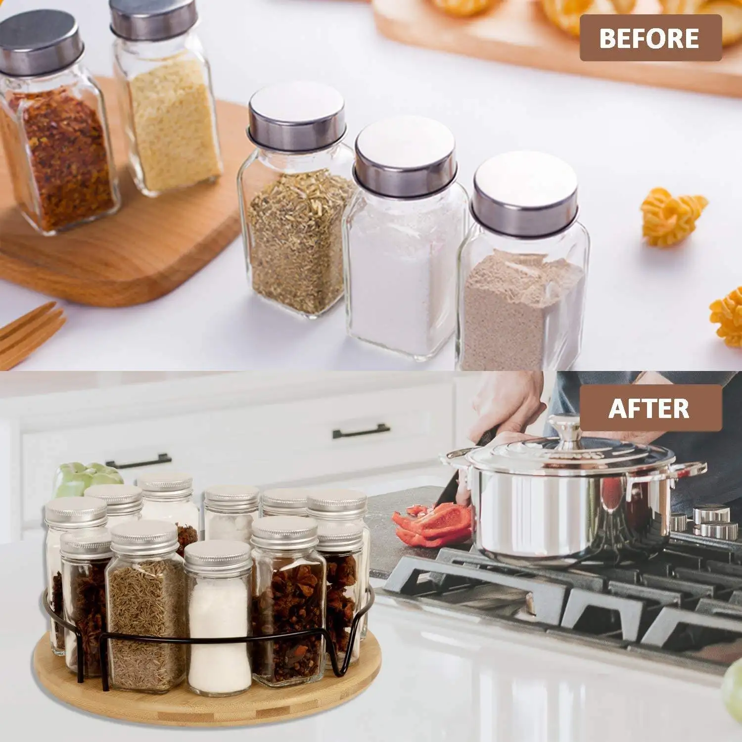 Round Bamboo Revolving Spinning Spice Rack Holder Home and Kitchen Items Countertop Round Wooden Rotating Spice Rack Organizer