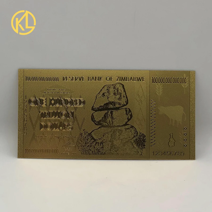 1000pcs 24K Gold Plated Banknotes 100 Trillion Dollar Zimbabwe Banknote Buffalo Bill in Plastic Material with COA