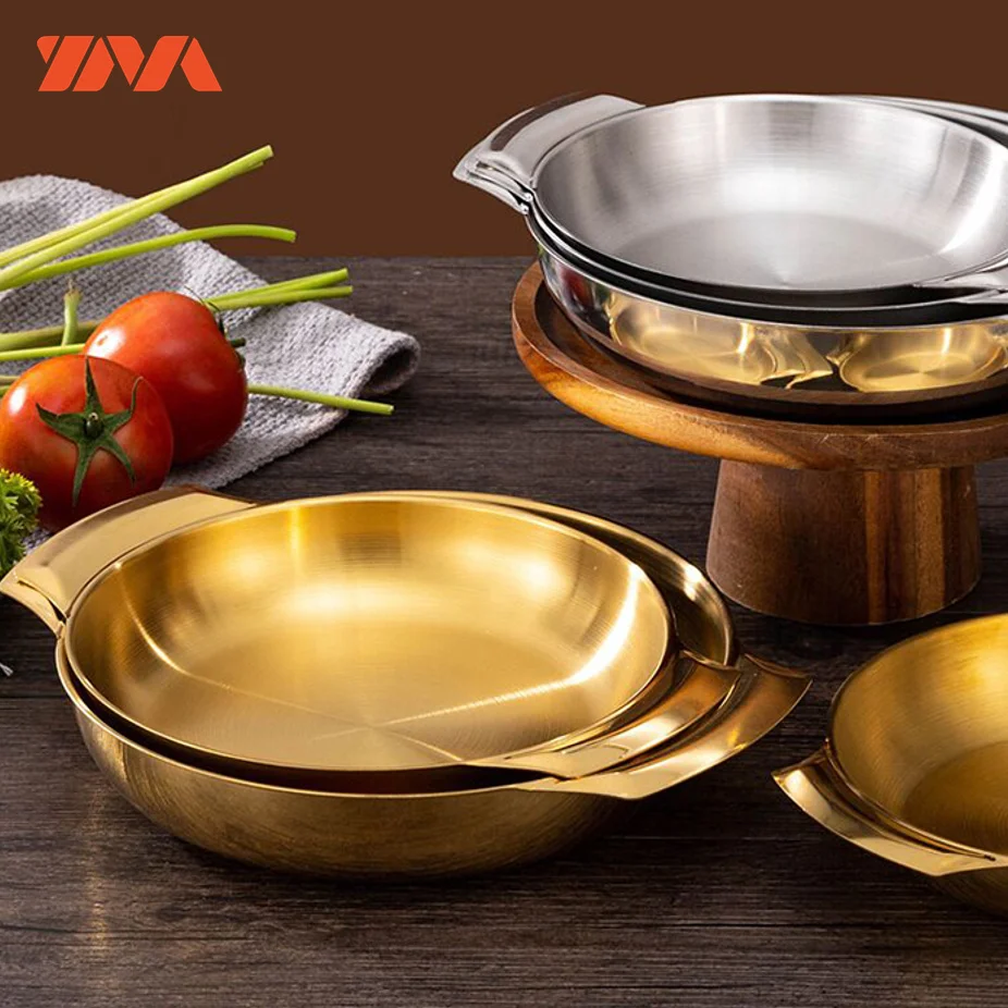 Korean cook pan paella pan stainless steel pot seafood dry pot double ears golden silver ramen pot