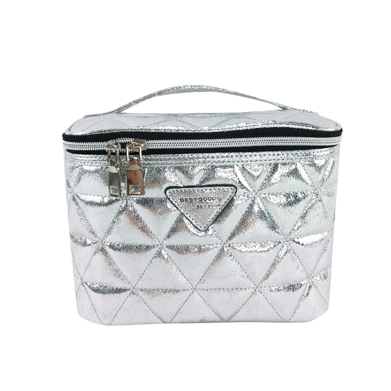 Luxurious Simple large Glisten Shiny metallic PU Silver travel hanging Beauty Product Storage cosmetic cases toiletry makeup bag