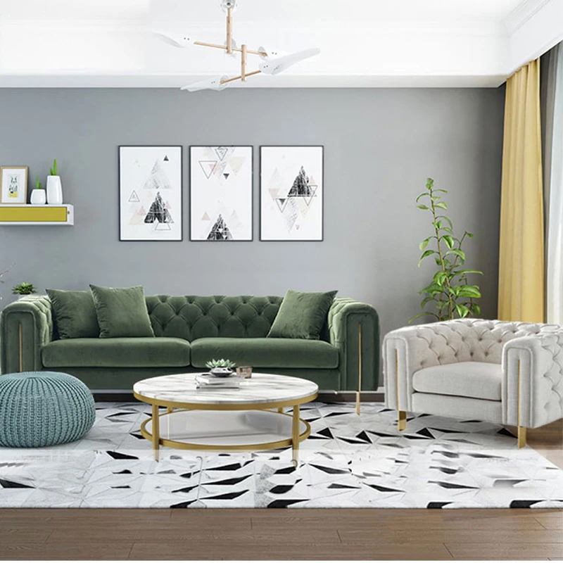 Modern American luxury style couch golden legs Mint Green fabric Chesterfield Tufted Velvet Living Room Sofa