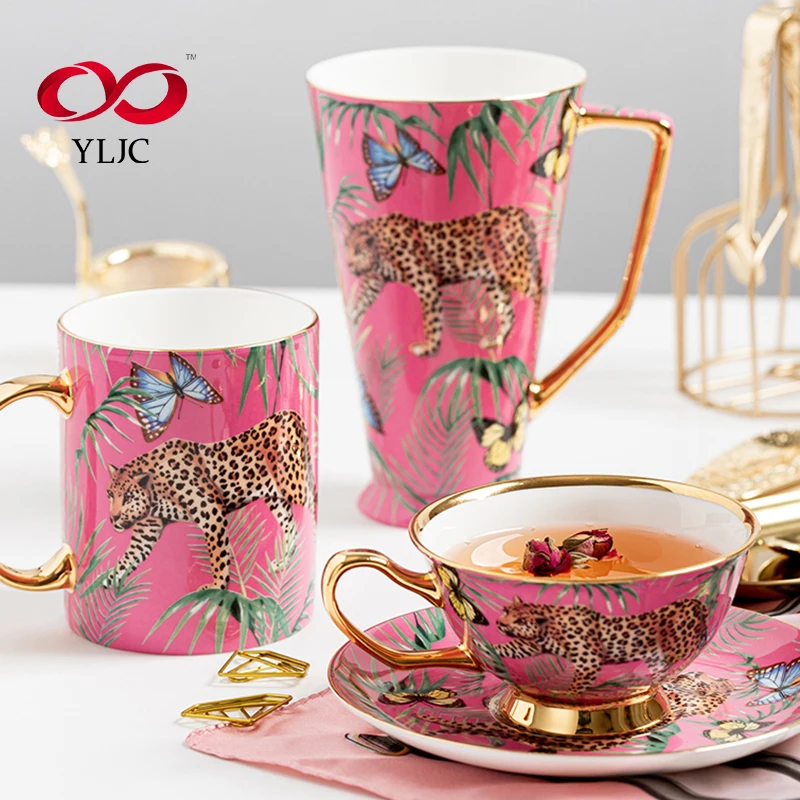 custom logo ceramic plum cup bone china Animal print cup with saucer custom logo