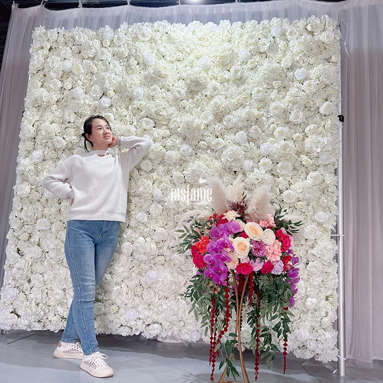 MSFAME Factory Roll Up Fabric 3D Artificial Wedding Flower Wall Panel White Backdrop Flowers Decoration For Walls Art