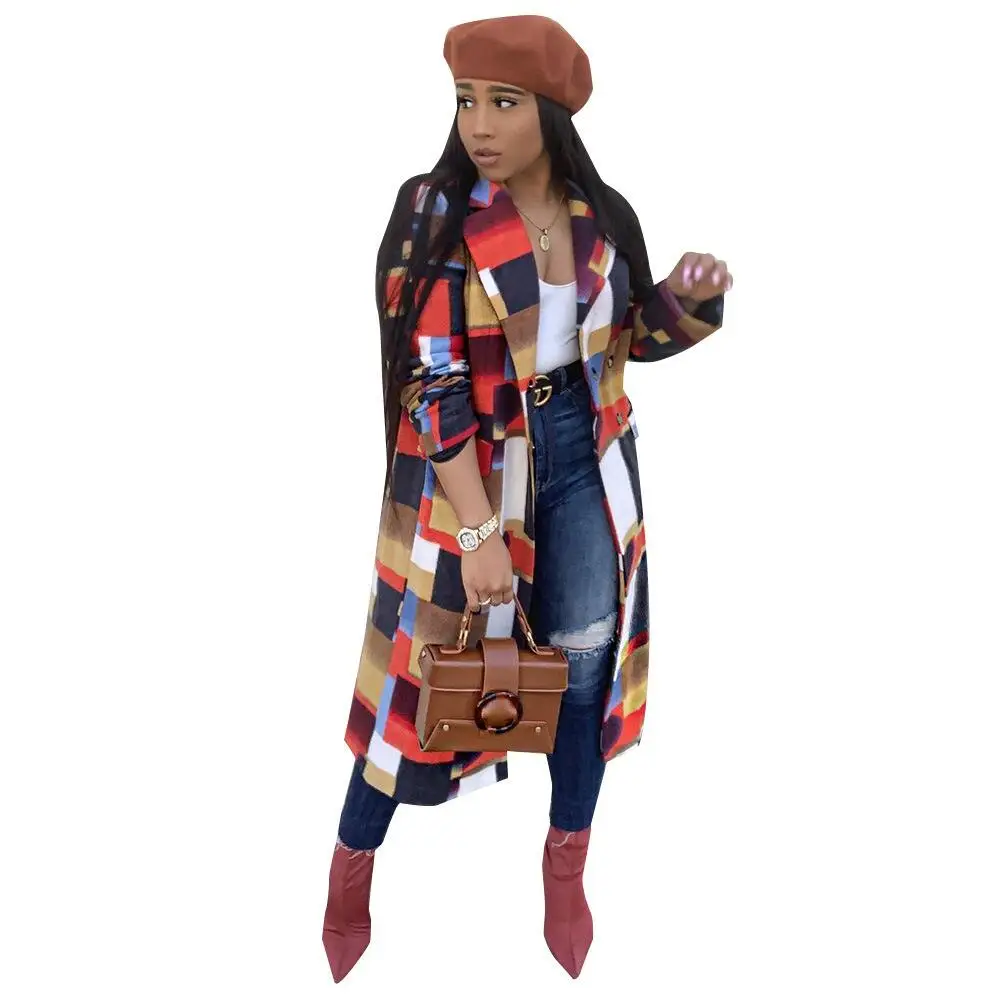 
SN3498 Long casual fashion European and American classic plaid woolen coat women 