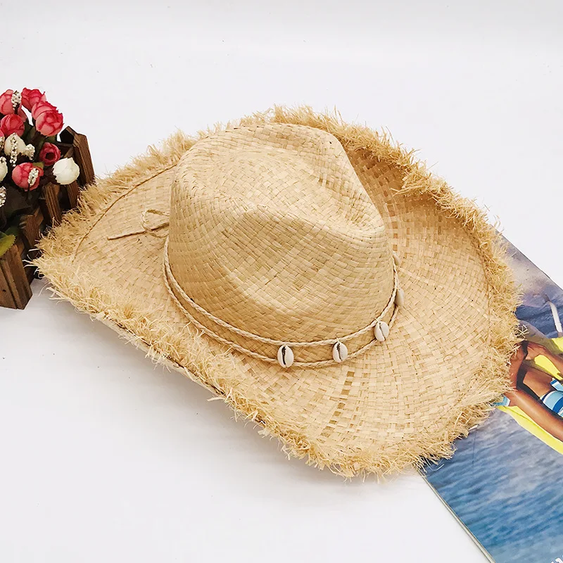 High Quality Women Wide Brim Bowknot Ribbon Cowboy straw hat Paper Flat Panama Hat Summer Sun Beach Raffia Straw Hats