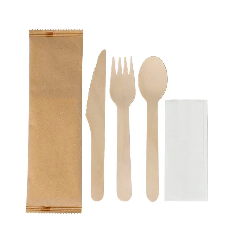 6 Inch Length Ecological Individually Wrapped Forks Knives Spoons Napkins Disposable Wooden Cutlery For Party
