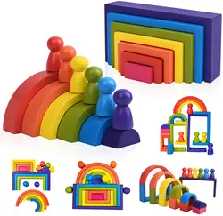 Wooden Toys Rainbow Stacking Blocks-Montessori Toys Building Blocks Open Ended Preschool Activity Educational Toy