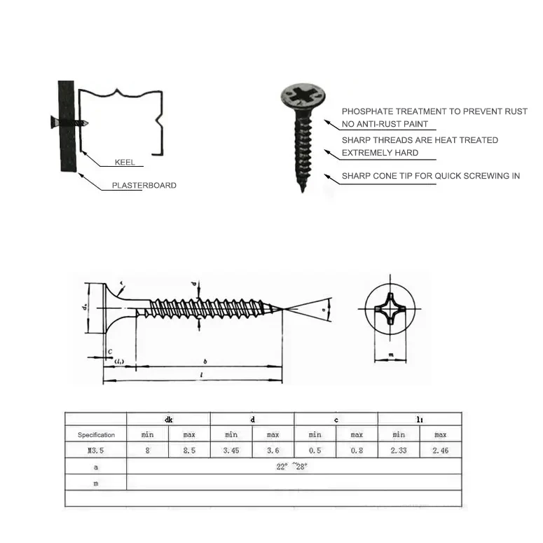 C1022 Hardened Black Zinc Phosphated Bugle Head Phillips Drive Coarse Fine Thread Gypsm Drywall Screws