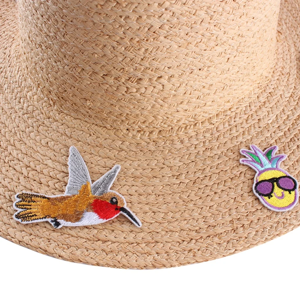Fashion Lafite Straw Hat Summer Flat Top Embroidery Large Eaves Sunscreen Net Red Holiday Hat