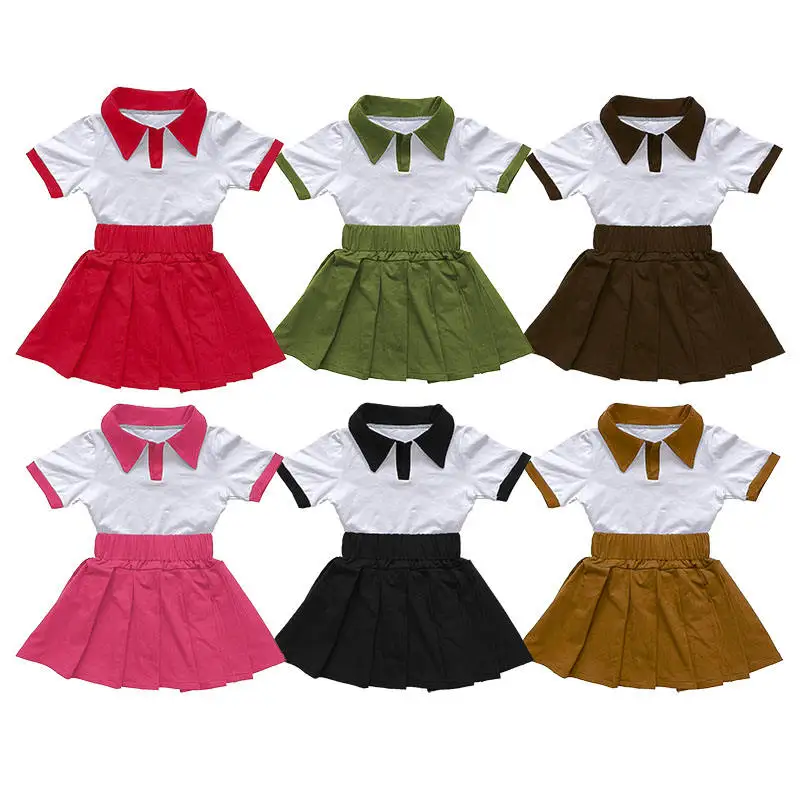 Wholesale Casual Girls Dresses 2-12 Children Clothing Summer Short Pleated Summer Clothes For Kids Girl Short Pleated Skirt Set