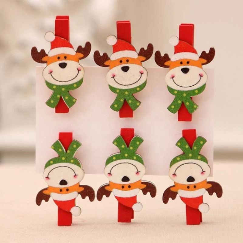 6 Pcs/pack Cute Mini Christmas Santa Claus Snowman Elk Bear Wooden Clips Clothes Photo Paper Memo Clothespin Craft Clips Gifts
