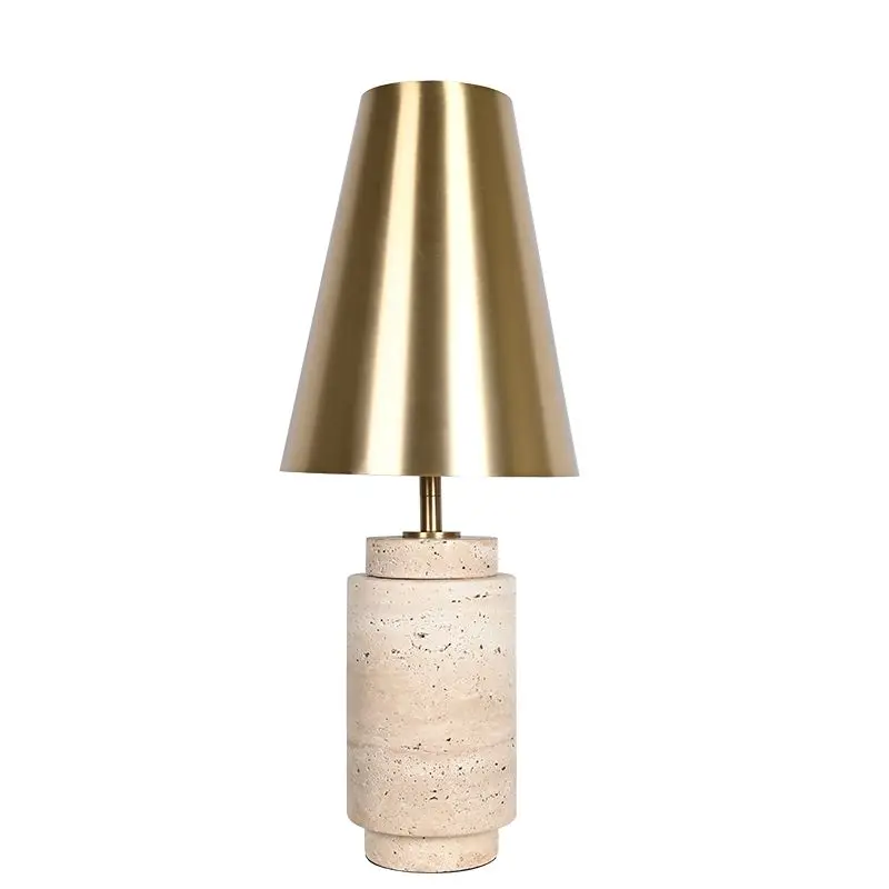 Solid Natural Travertine Stone Base Living Room Bedroom Decorative Metal Lampshade Classic Table Lamp