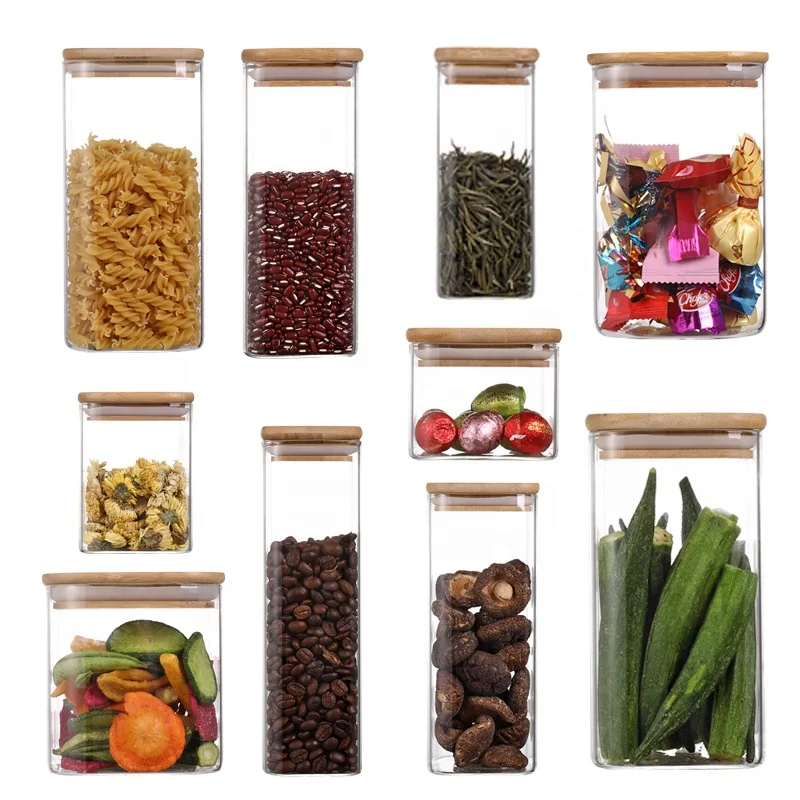 Square Air tight Borosilicate Glass Spice Storage Container Canister Jar with Bamboo Lid for Candy Cookies Pasta