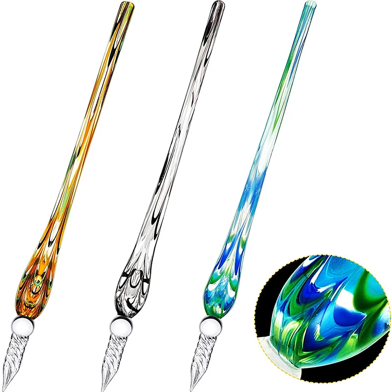 Wholesale Ribbon Glass dip pen Glass Handmade Murano Lampwork Spiral Nib Tip Dip Pen with Penholder for office Tableware Decor