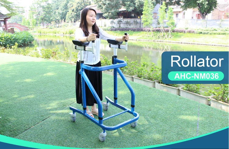 Blue colour height adjustable walking aid aluminium rehabilitation 4 wheel walker with handle bars