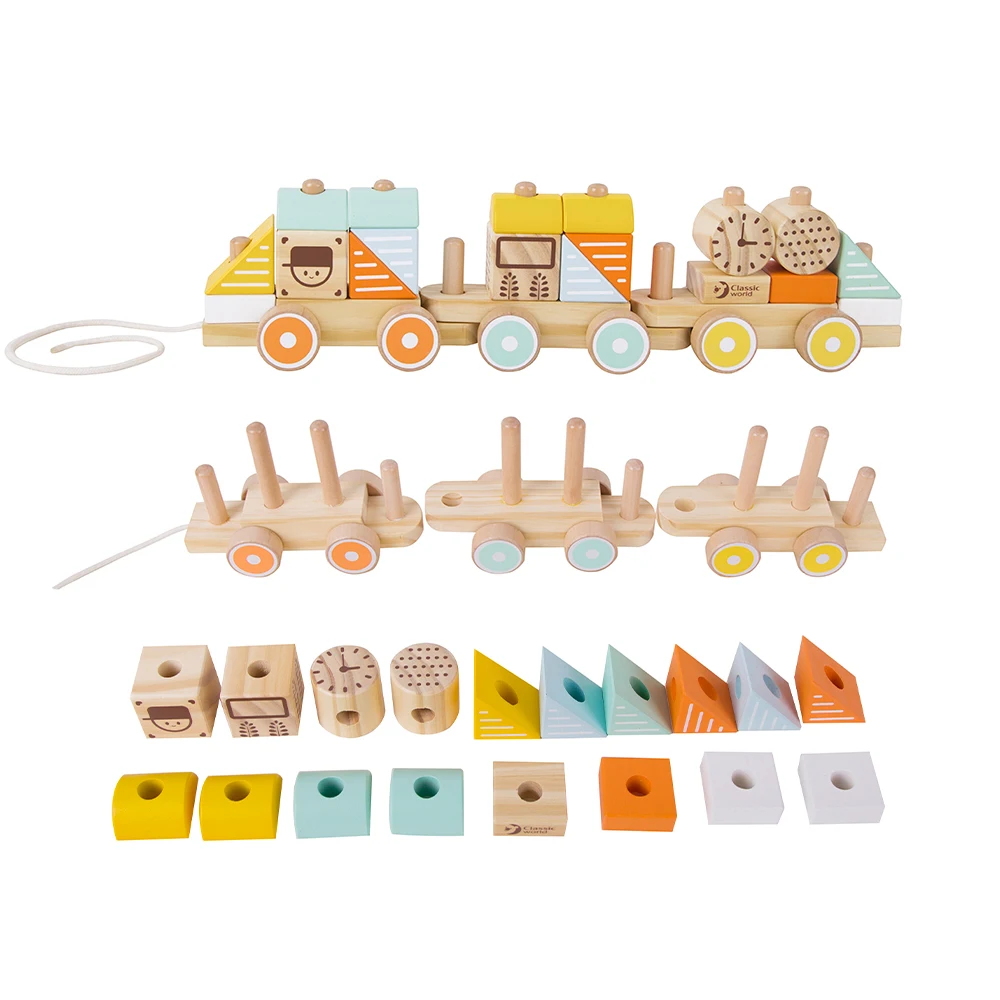Classic World Wooden Educational Toys Infant Girl Boy Push and Pull Train with Stackable Blocks for Babies