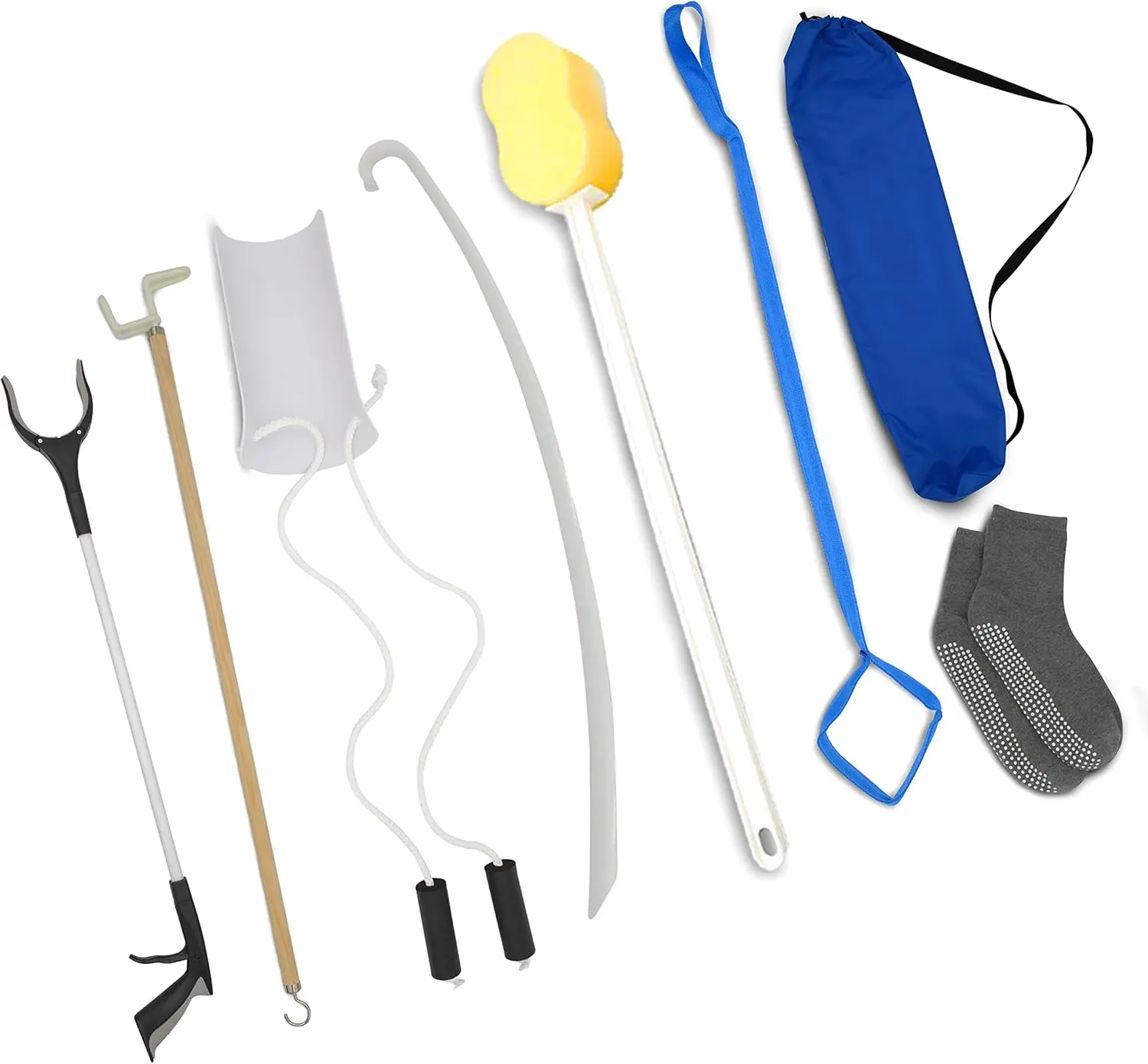 FSPG 8 Piece Surgery Aid Recovery Kit-Dressing Stick Sock Aid Shoe Horn-Leg Lifter-Long Handle Sponge-Grip Socks-Storage Bag