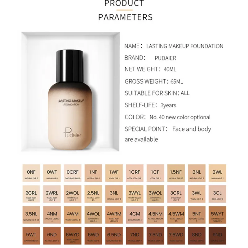 Pudaier 40color woman lasting makeup studio liquid foundation face body pore acne hiding concealer moisturizing isolation cream