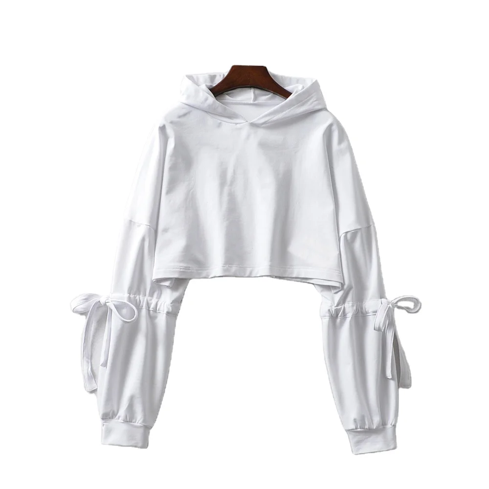 
2020 custom solid color sleeves drawstring ties wide loose hooded sweater short cropped navel crop top hoodies women 