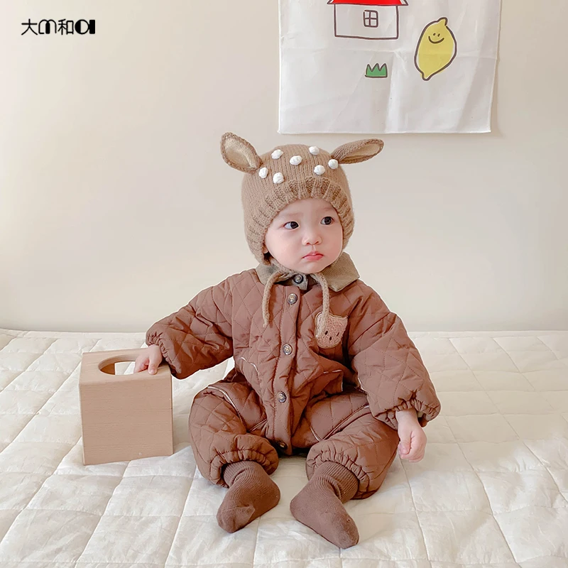 ins24 Winter Korean version baby lapel quilted thick crawling suit for boys and girls baby bear with wool thick onesie winter