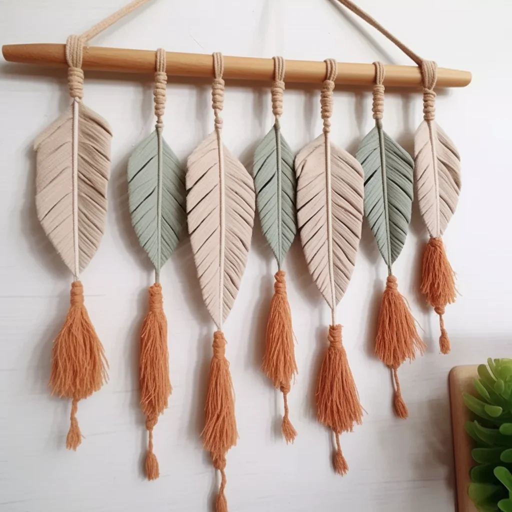 Настенный декор из хлопка макраме с перьями и листьями деревянным верхом