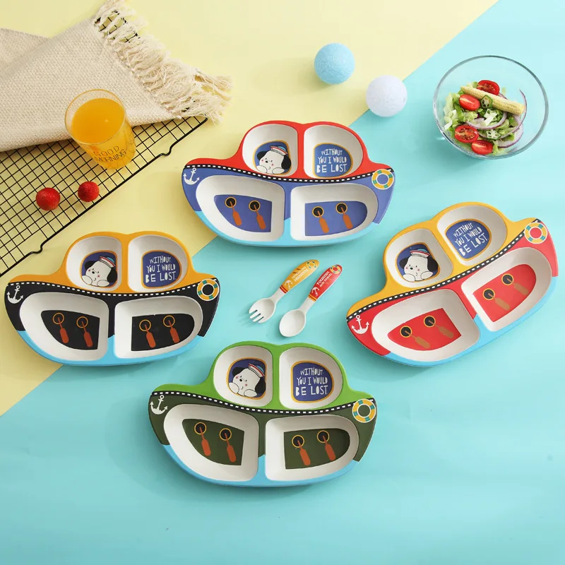 3pcs bamboo fiber Creative sailing boat baby split plate three-piece rice bowl set