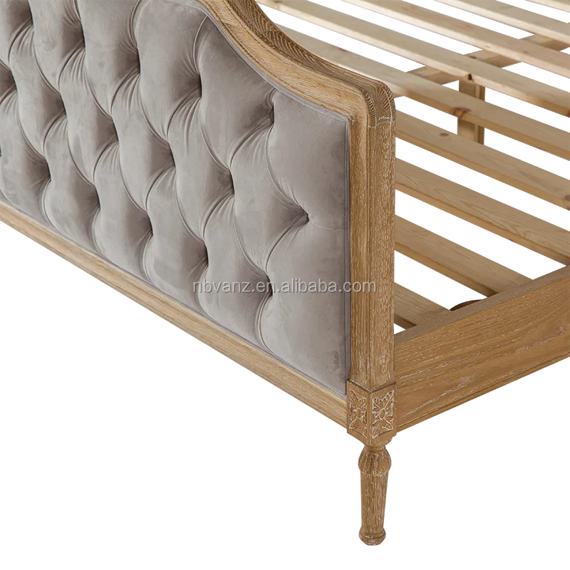 Vintage Grey Velvet Sleeper Bedroom Furniture Wood Slat Bed Base King Frames Upholstered Upholstery French Carving Bed Designs