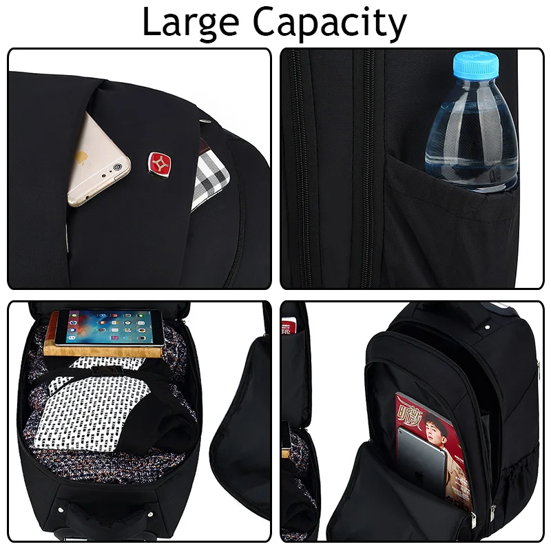 Men Women Waterproof Rolling Trolley Black Laptop Backpack Polyester Carry On BagPack OEM Travel Backpack