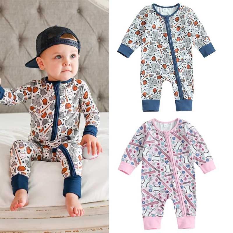 Custom Gender Neutral Kids Clothes Baby Jumpsuit For One Month Girl Overall Baseball Printed Zipper Long Sleeves Romper