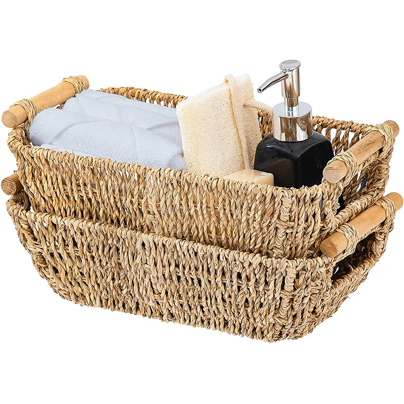 Artera Small Wicker Basket for Bathroom - Woven Seagrass Basket with Wooden Handles for Towels Wash Cloth,Toilet Paper, Toiletr
