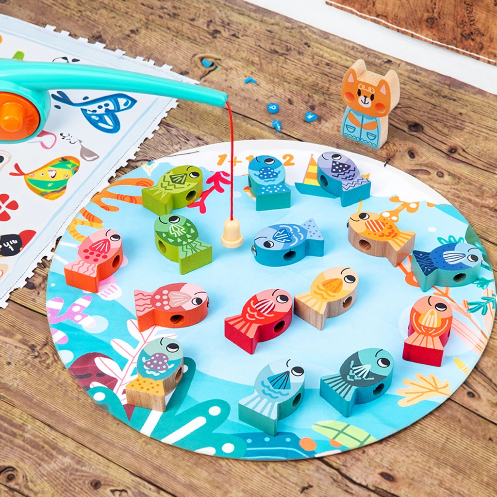 Factory Wooden 2 in 1 Cat Fishing Toys with Magnets for Toddlers Wooden Column Toys for Kids