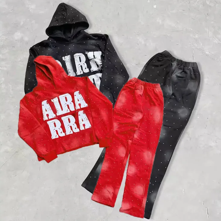 Custom Heavyweight Cotton Boxy Street Screen Print Rhinestone Cropped Acid Washed Flared Sweatpants And Hoodie Set Tracksuits