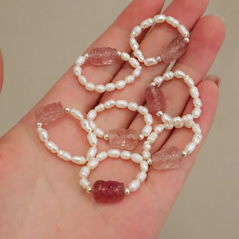 Natural crystal freshwater pearl tourmaline strawberry crystal do not fade elastic beaded ring