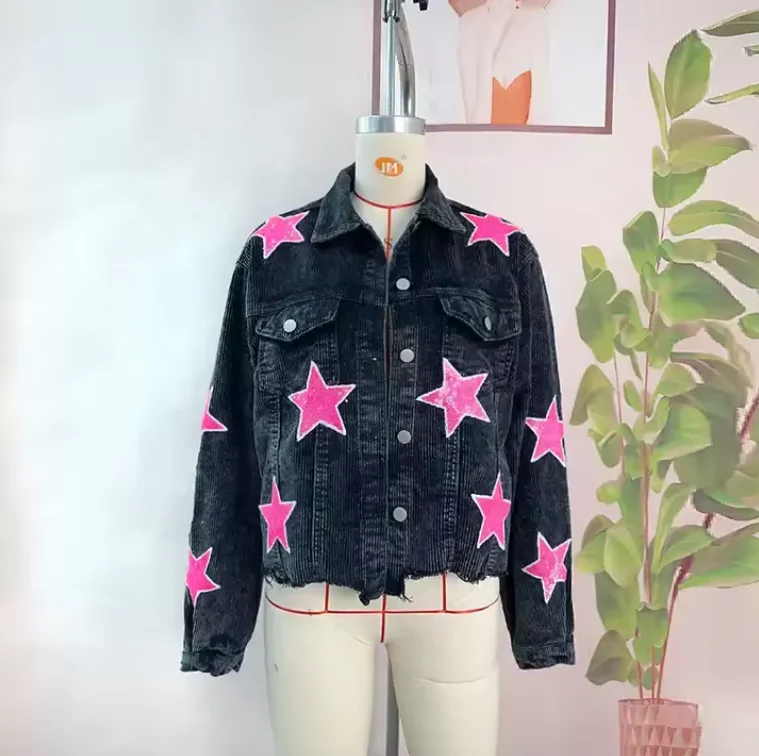 Custom Femme Star Sequin Embroidery Patch Appliques Corduroy Jacket for Women Wash Fringe Jacket