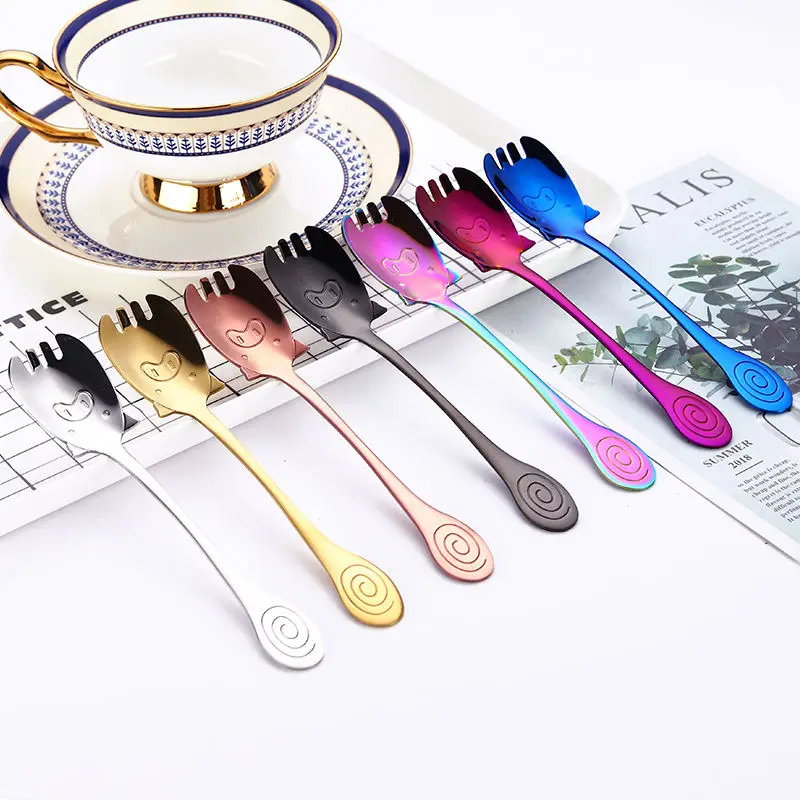 Colorful 304 Stainless Steel Pig Cartoon Spoon Fork Mini Dessert Fruit Salad Tea Coffee Ice