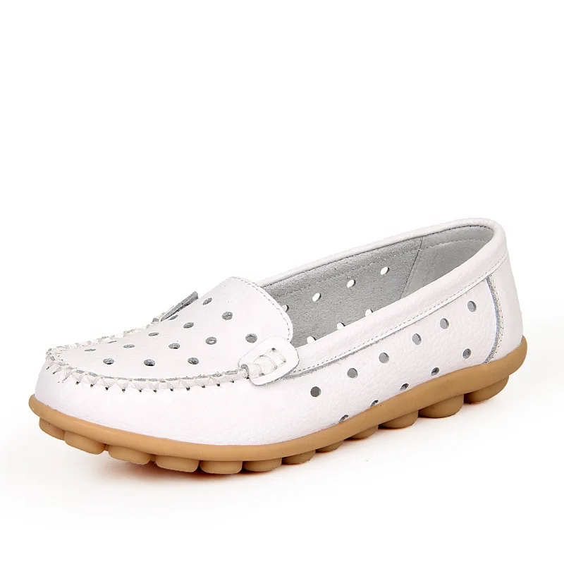 Brand Genuine Leather Shoes Woman Cutout Loafers Slip On Breathable Ballet Flat Ballerina Flats
