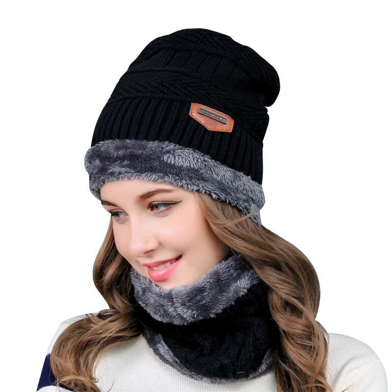 Wholesale Custom Soft Black Winter Hat Winter Knitted Wool Hat With Neck Warmer For The Winter