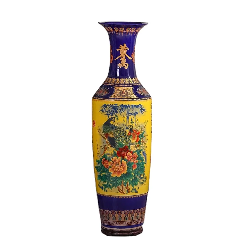 60 Inch Chinese Traditional Peacock Vase  Blue Big Ceramic Vase Antique High Size Floor Vase For Hotel
