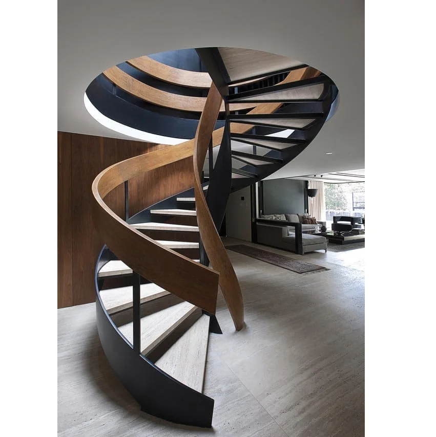 Custom Carbon Steel Spiral Stairs Cast Iron Curve Staircase With Wood Treads