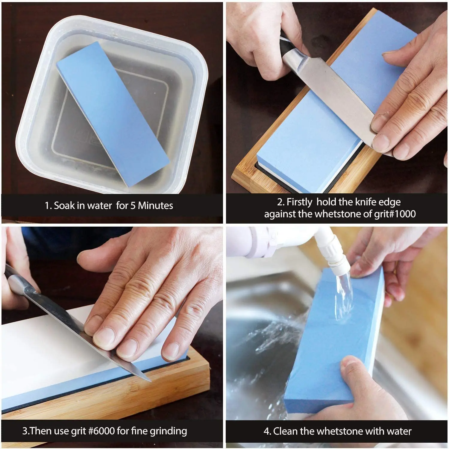 Knife Sharpening Stone Dual Side Grit 1000/6000 With Nonslip Bamboo Base and Best Seller Sharpeners