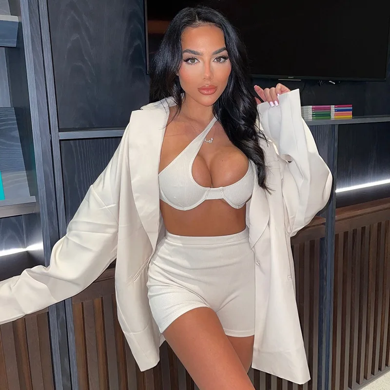 KX-K21ST717 New design solid color summer sets for women clothing hollow one-shoulder shorts casual suit two piece sets 2022